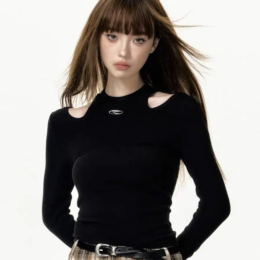 Women's Black Long Sleeve Off Shoulder Tunic Y2k Crop Tops - Premium Longsleeve Top from Craftklart Dropship - Just $16.89! Shop now at Craftklart.store