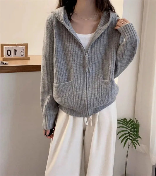 Loose 100% Wool Knitted Womens Hooded Cardigan