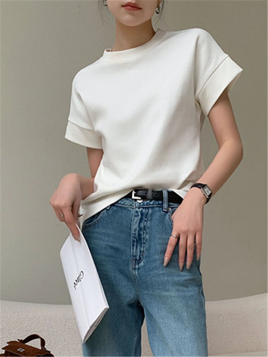 T-shirts Women Summer 2023 New Fashion Elegant Korean Chic O-neck Short Sleeve Ladies White Loose Tops Female Casual Tees - Premium  from Craftklart.store - Just $17.79! Shop now at Craftklart.store