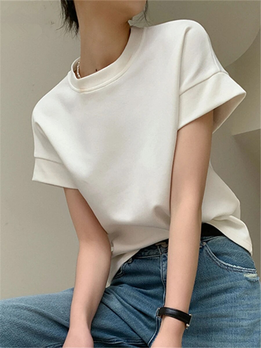 T-shirts Women Summer 2023 New Fashion Elegant Korean Chic O-neck Short Sleeve Ladies White Loose Tops Female Casual Tees - Premium  from Craftklart.store - Just $17.79! Shop now at Craftklart.store