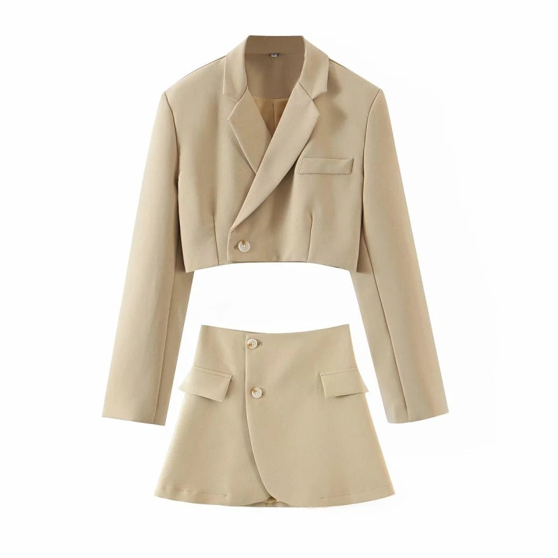 Casual Diagonal Button Short Blazer + High Waist Pocket Skirt Suit