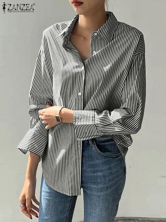 Women's Loose Long Sleeve Striped Blouse - Premium Shirt from Craftklart Dropship - Just $13.98! Shop now at Craftklart.store