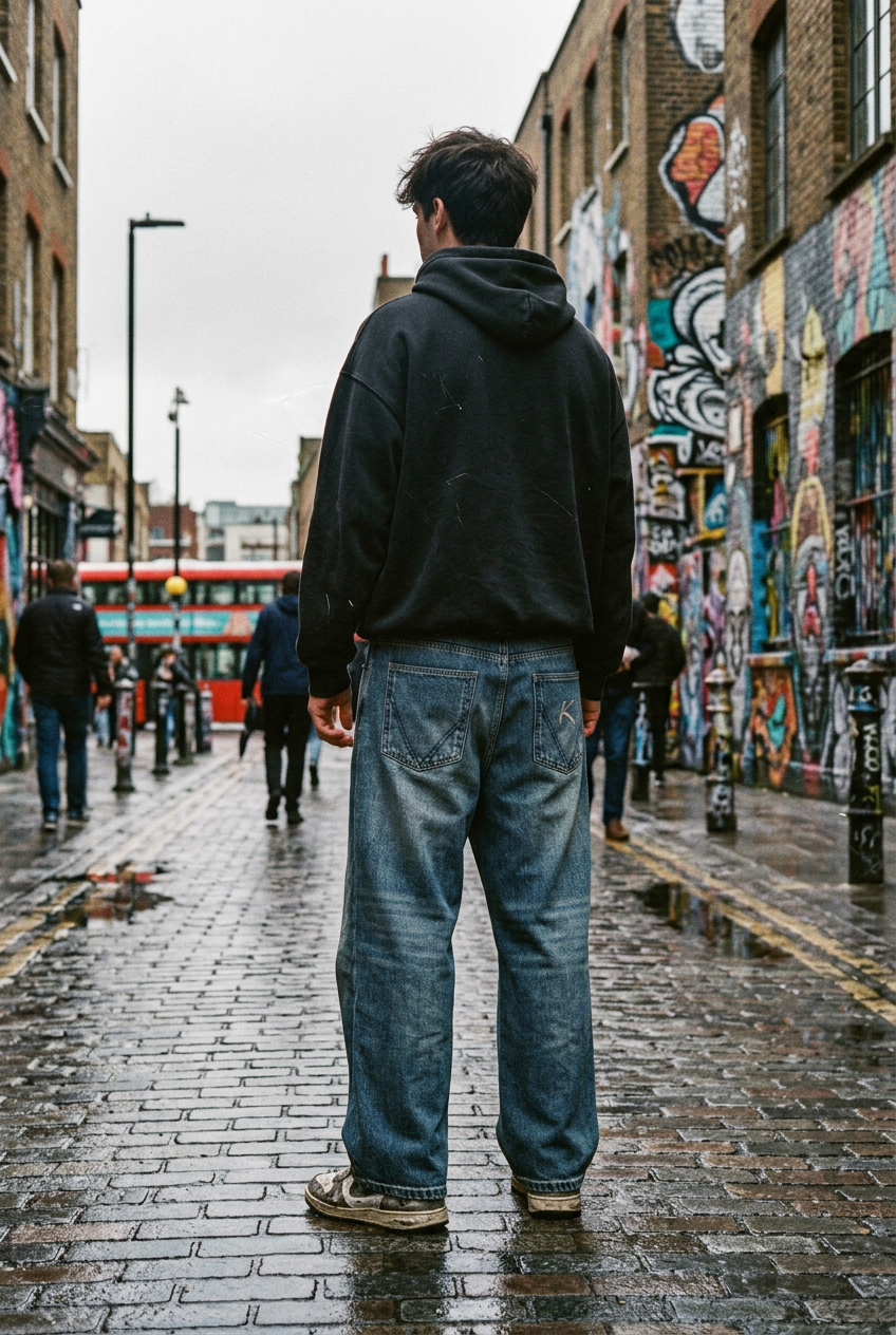 ODMPOD Driftline straight leg jeans in a classic denim wash with a relaxed fit and five-pocket design