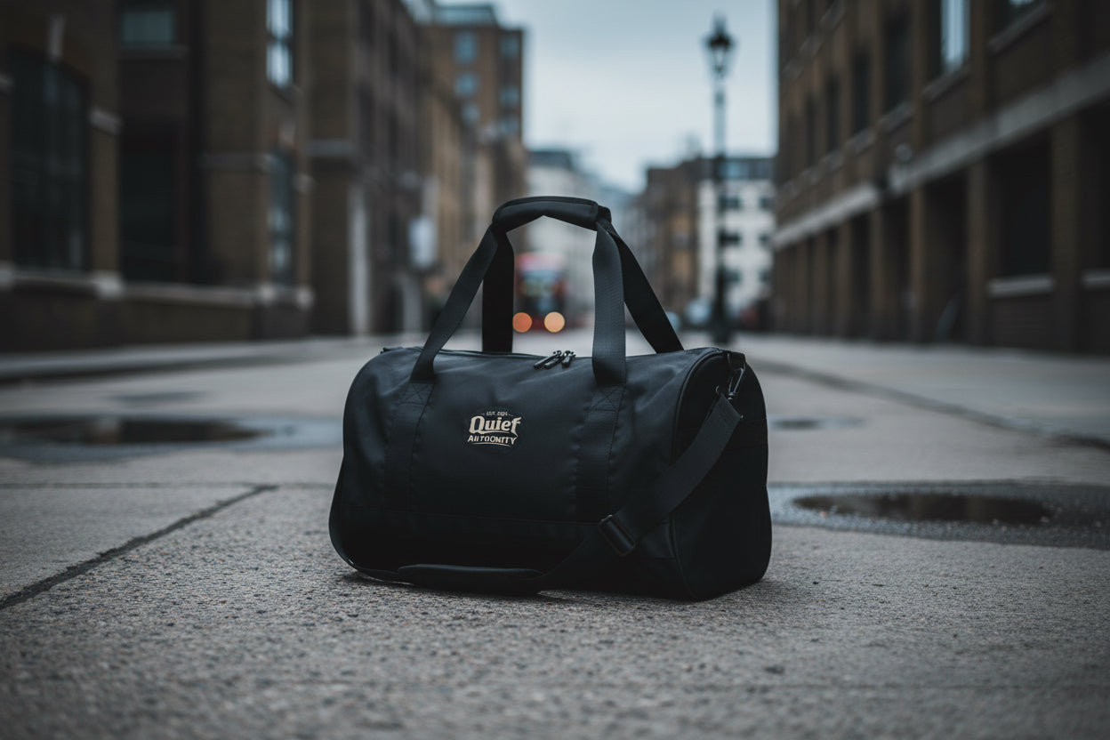 Craftklart Quiet Authority gym bag with all-over white print, featuring multiple compartments and sturdy handles for workout gear.