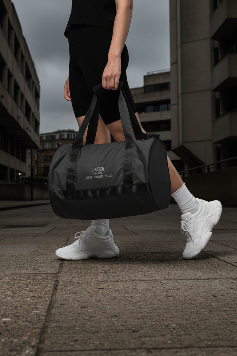 Craftklart Gym Holdhall all-over-print gym bag with white background, featuring the brand's logo and spacious design for fitness gear.
