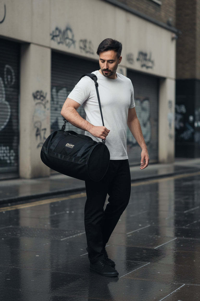 Craftklart Quiet Authority gym bag with all-over white print, featuring sturdy handles and spacious design for workout gear.