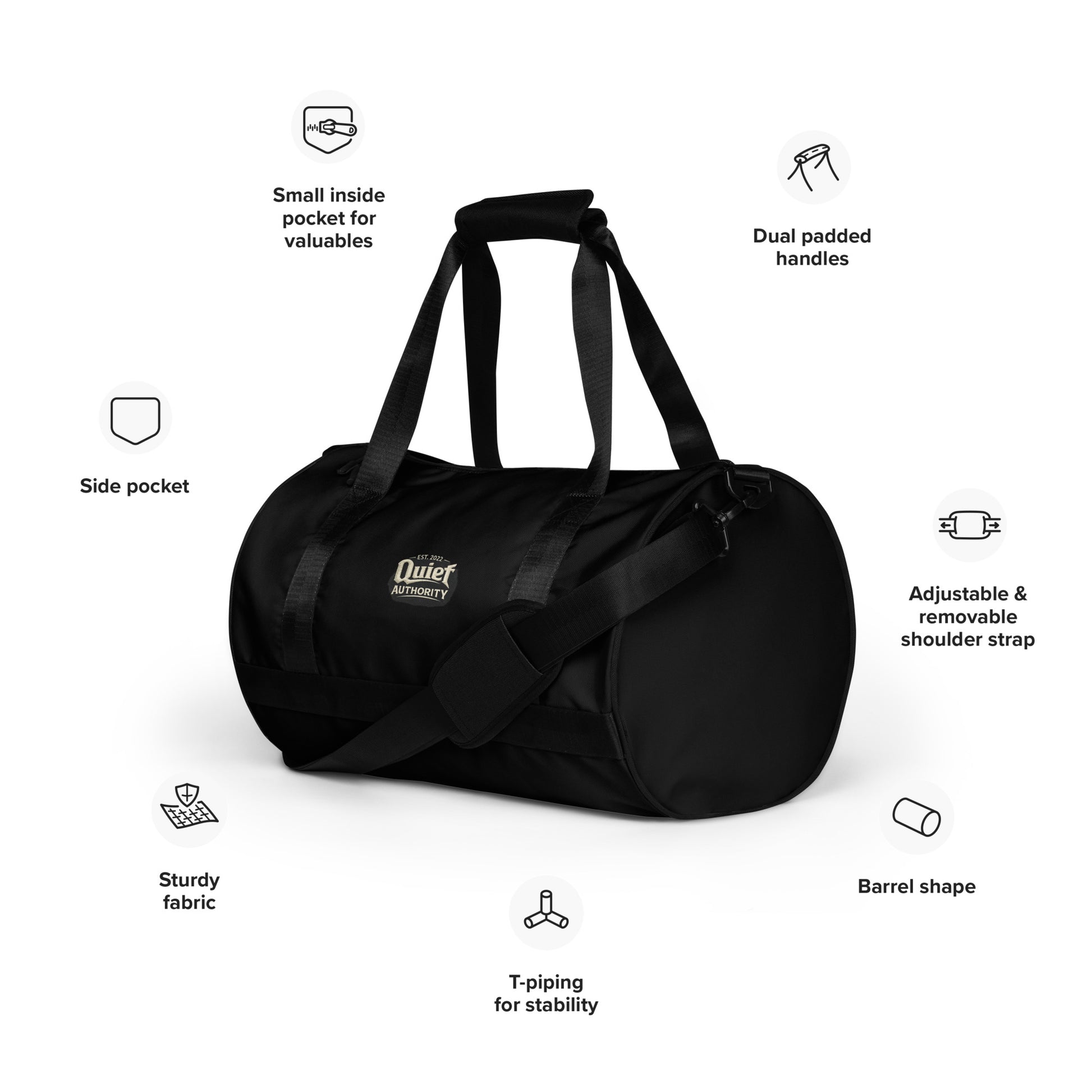Craftklart Quiet Authority gym bag with all-over white print, featuring sturdy handles and spacious design for workout essentials.