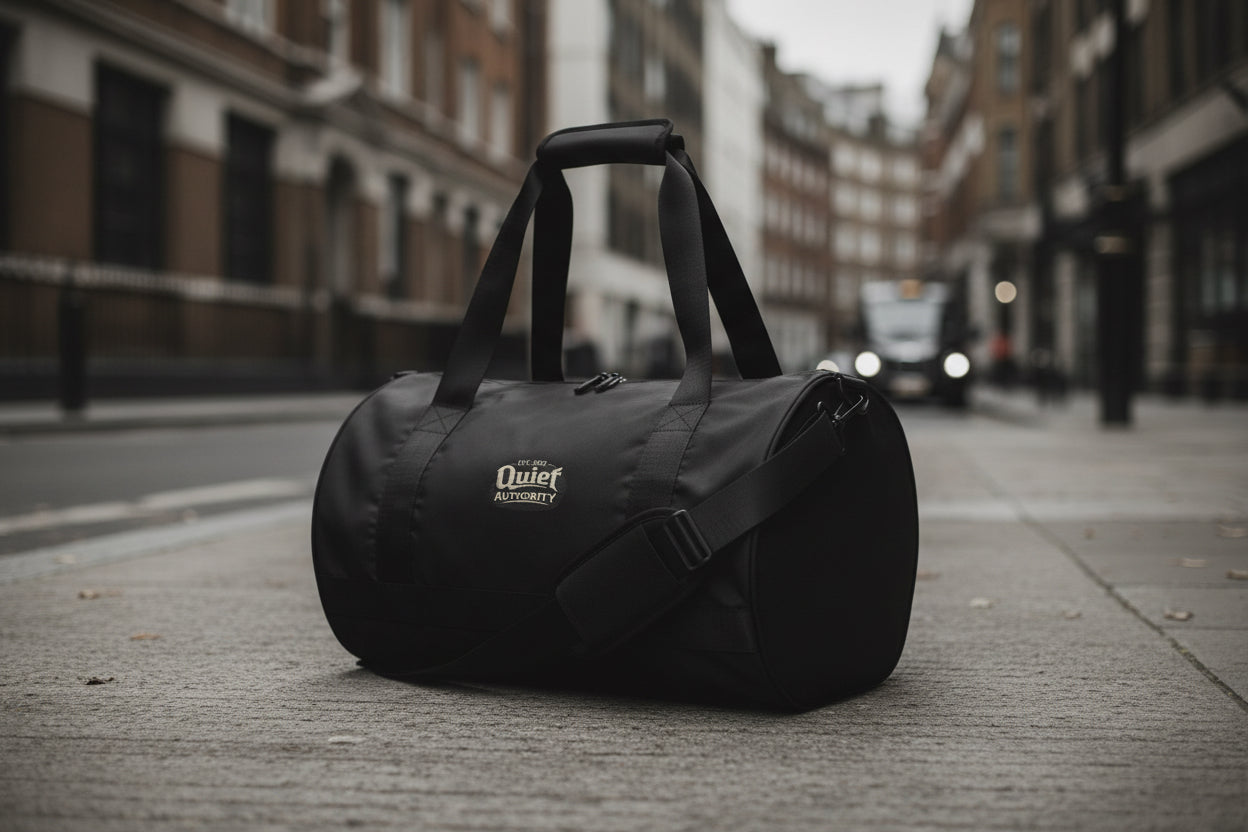 Craftklart Quiet Authority gym bag with all-over white print, front view showing durable fabric and spacious design.