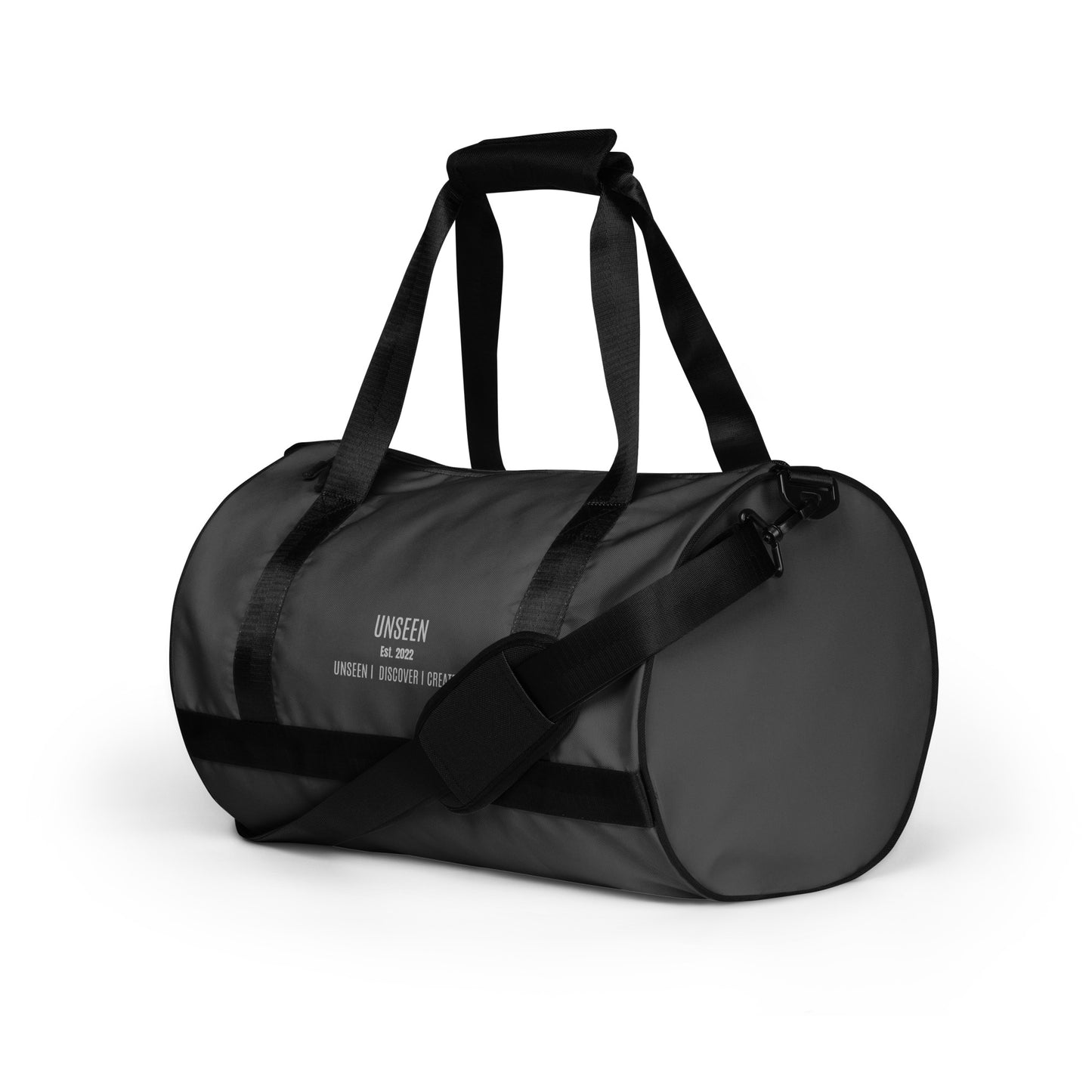 Craftklart Gym Holdhall bag with all-over white print, showing front and left side view, featuring sturdy handles and spacious design.