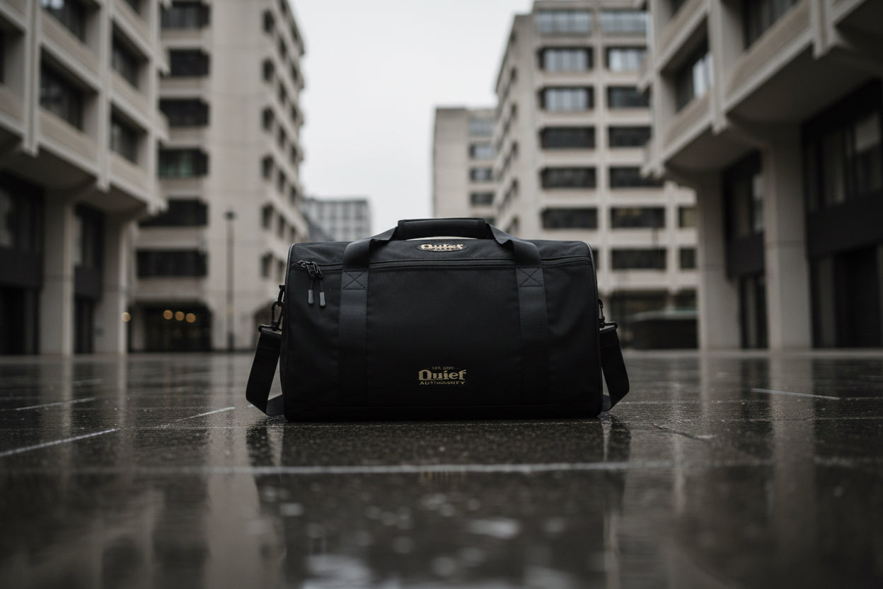 Craftklart Quiet Authority gym bag with all-over white print, durable fabric, and spacious design for workout essentials.