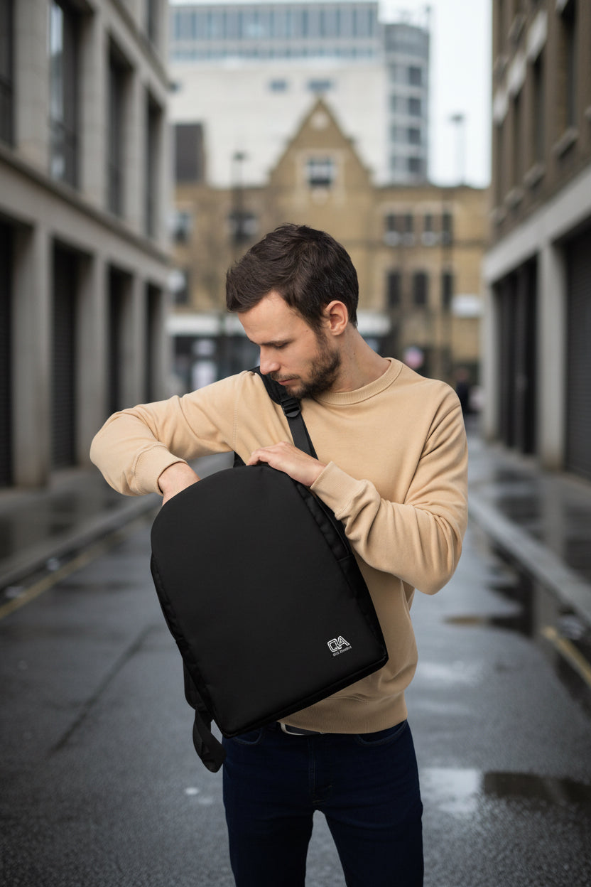 White Printify Craftklart minimalist urban backpack with all-over print, water-resistant design, ideal for everyday carry.