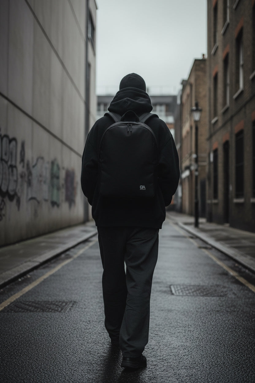 White Craftklart minimalist urban backpack by Printify featuring all-over print, water-resistant design, ideal for everyday carry.