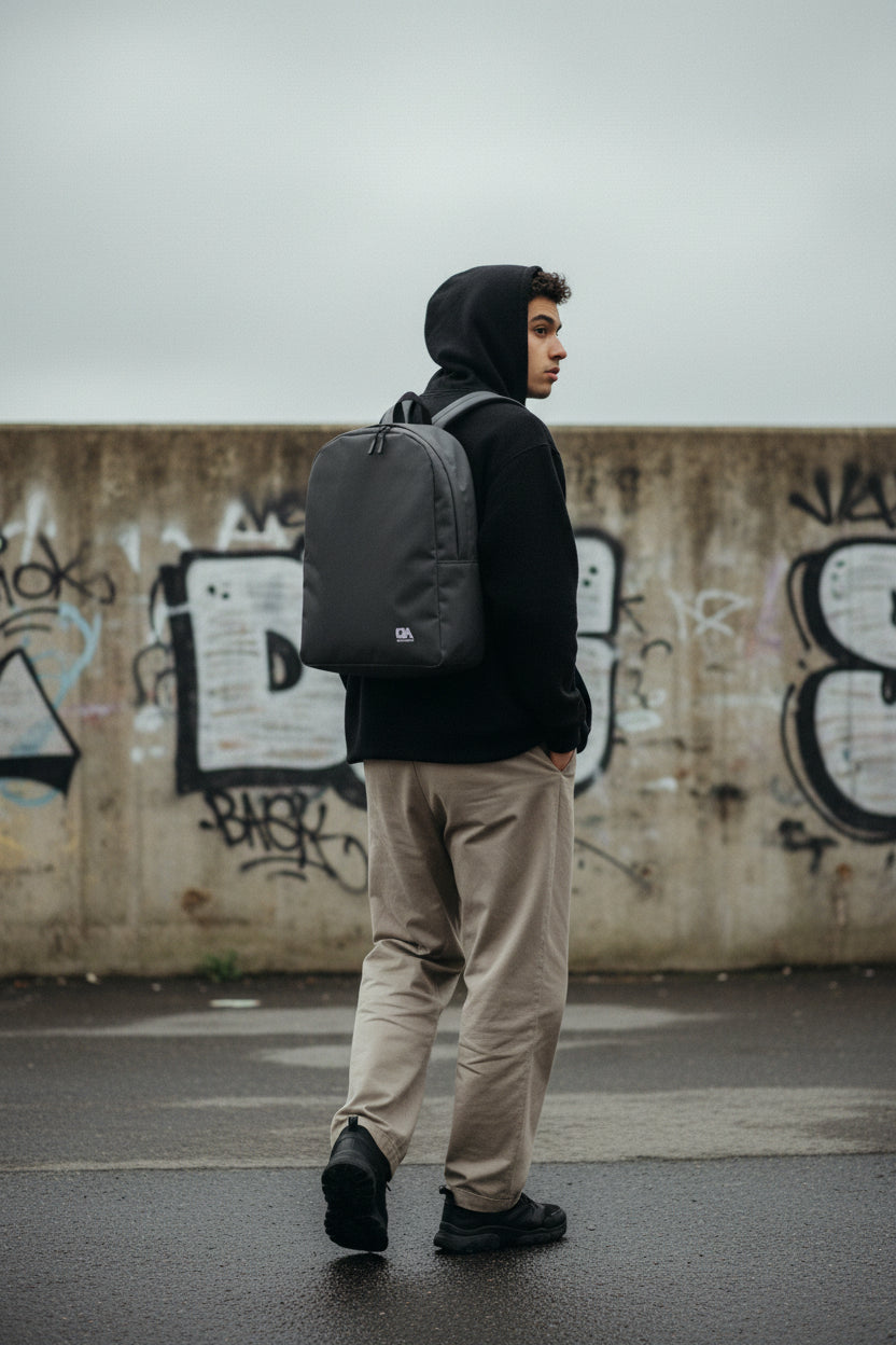 White Craftklart minimalist urban backpack by Printify, water-resistant bag with all-over print design for everyday carry.