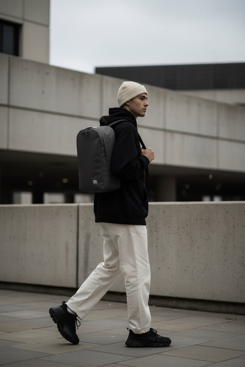 White Craftklart minimalist urban backpack by Printify with all-over print, water-resistant design, suitable for everyday carry.