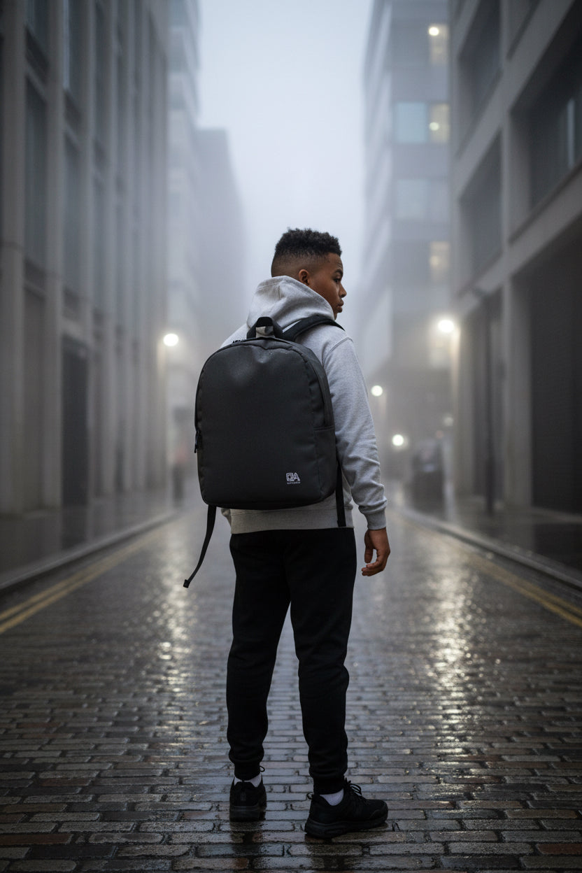 White Craftklart minimalist urban backpack by Printify, water-resistant bag with all-over print, shown from right front angle.