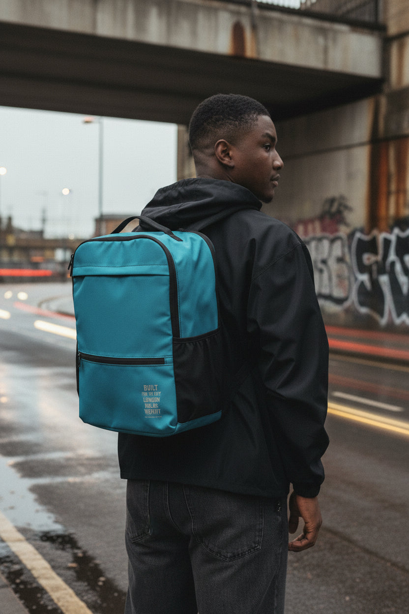 Black Urban Utility Backpack with all-over print, featuring multiple compartments and adjustable straps, ideal for streetwear style.