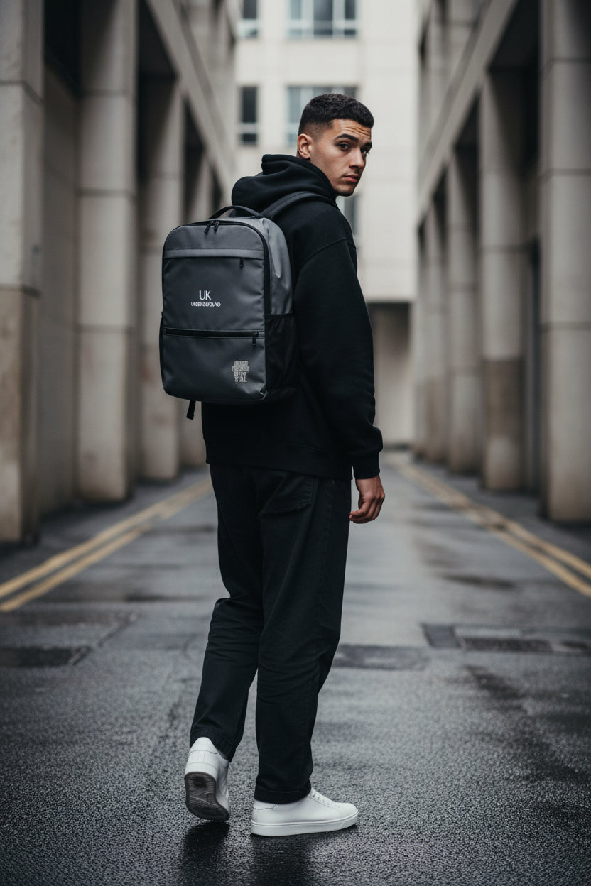 Urban Utility Backpack by Urban Fashion & Streetwear with all-over black print, front view showing multiple compartments and sturdy straps.