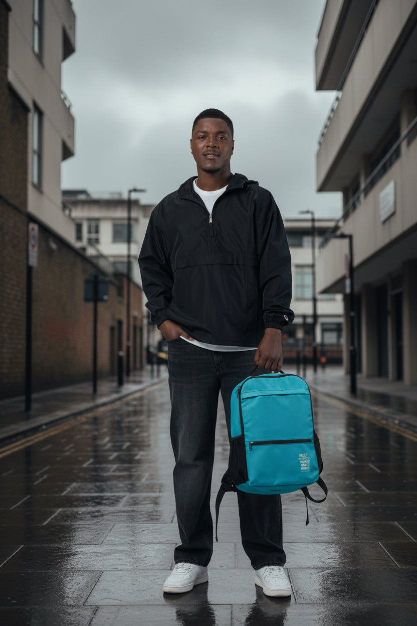 Black Urban Utility Backpack with all-over print, featuring multiple compartments and a sleek streetwear design from Urban Fashion & Streetwear.