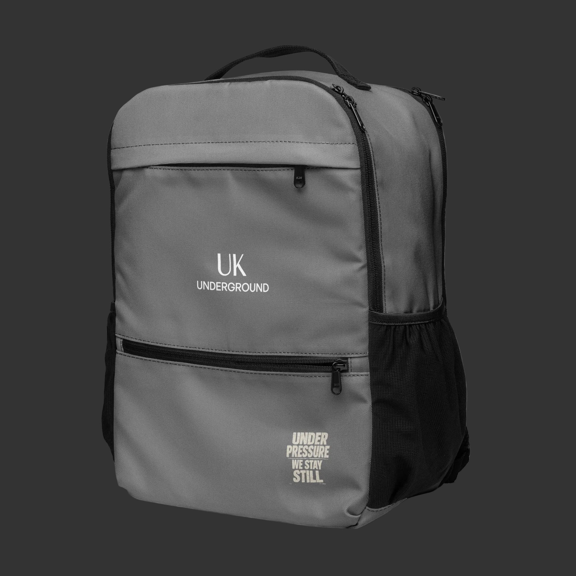 Black Urban Utility Backpack by Urban Fashion & Streetwear, featuring all-over print, front pocket, and adjustable straps.