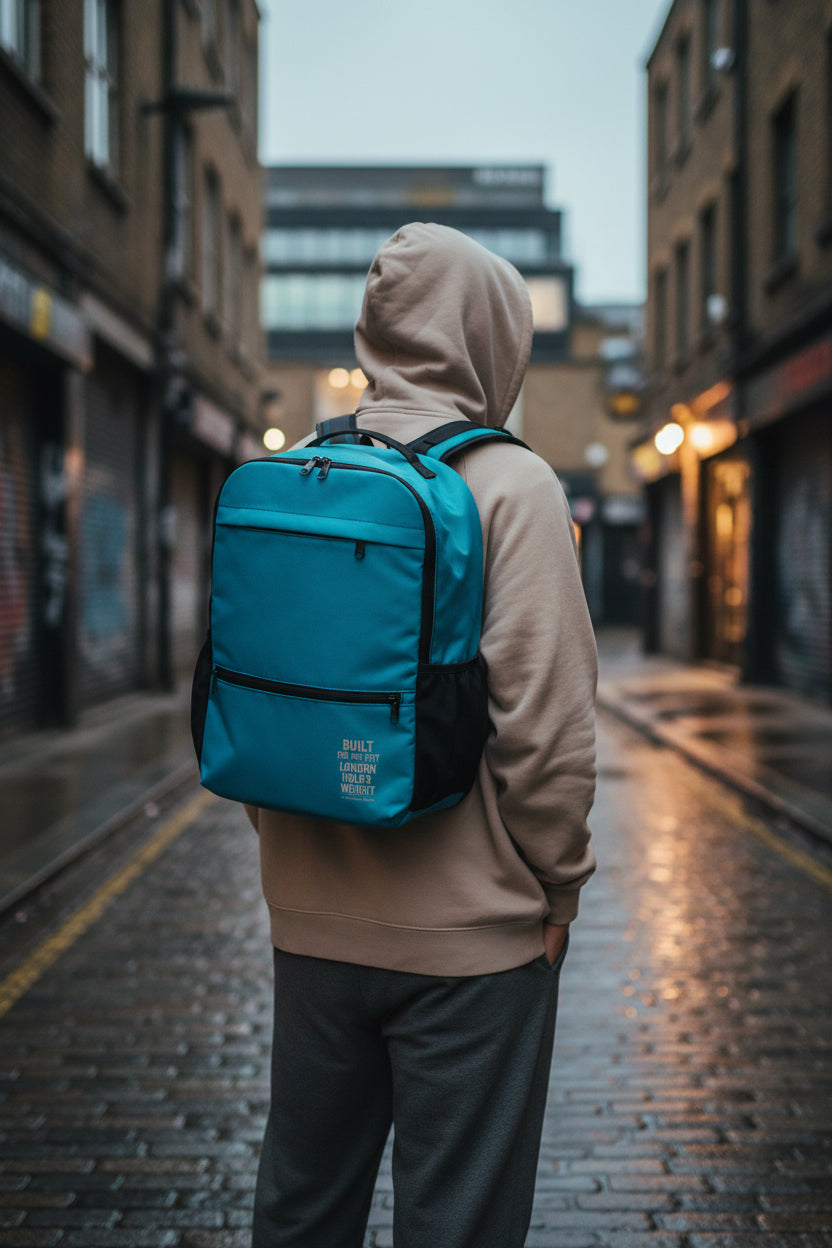 Black Urban Utility Backpack from Urban Fashion & Streetwear with all-over print, showing the front and side view.