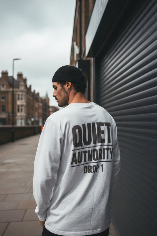 CKL Craftklart Quiet Authority long sleeve T-shirt in organic cotton with printed streetwear design, shown in the image.