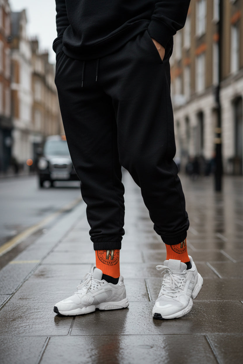 Black Craftklart Urban Trader sublimated crew socks with bold streetwear print, designed for stylish casual wear.