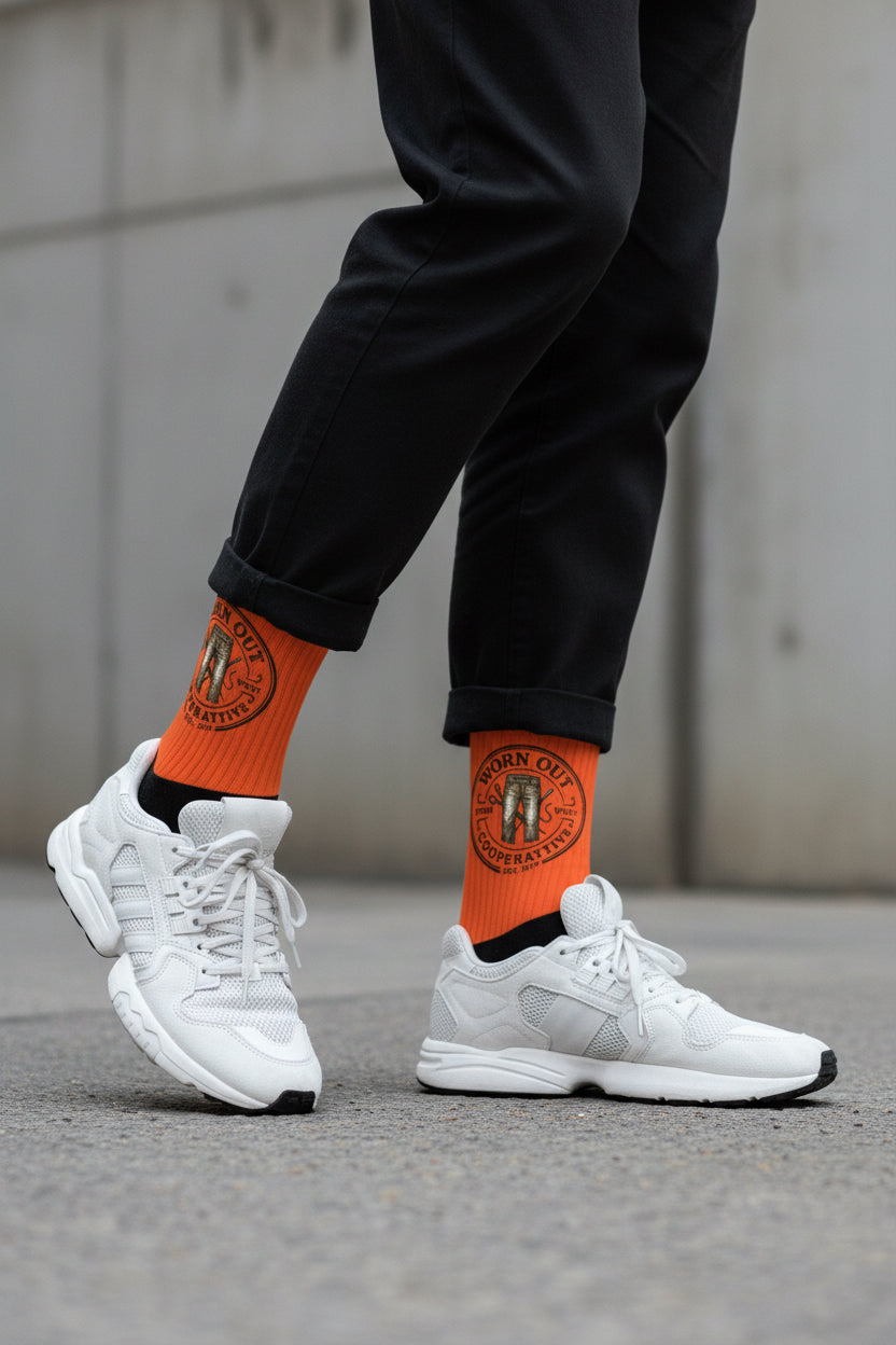 Black Craftklart Urban Trader sublimated crew socks with bold streetwear print, made by Printify, displayed on a foot.