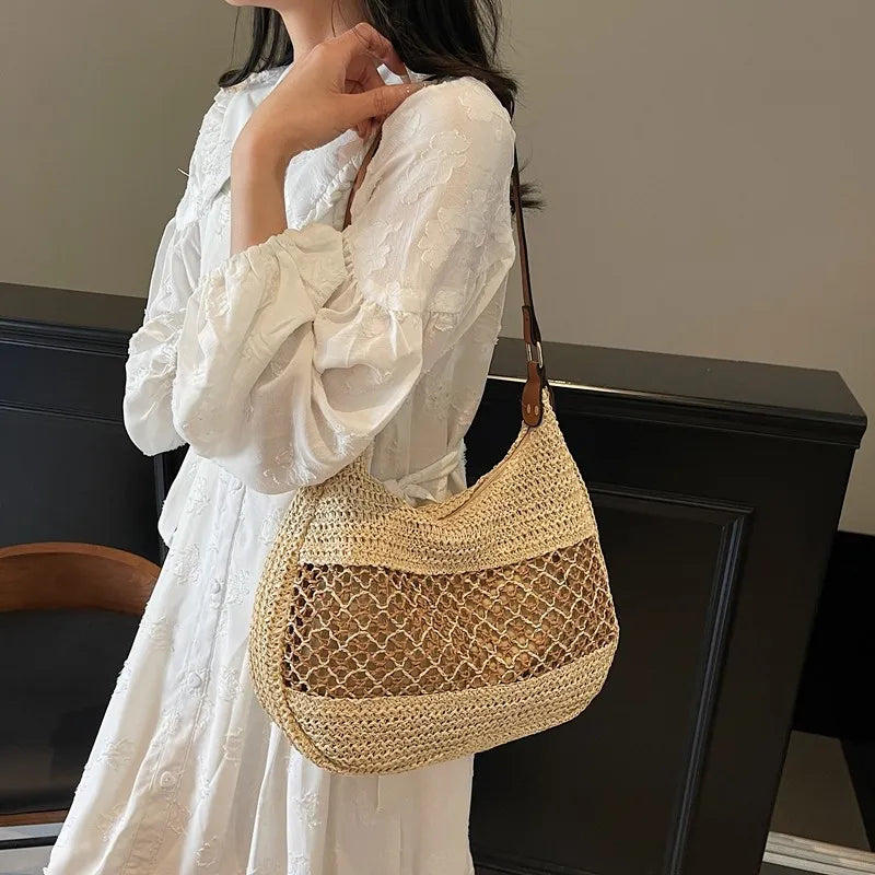 Woven Straw Crescent Shoulder Bag - Premium Bag from Trendsi - Just $23.90! Shop now at Craftklart.store