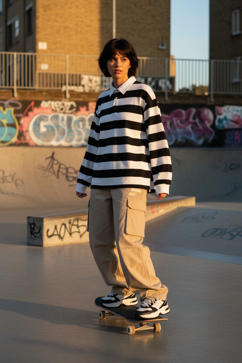 Craftklart Stripe Polo Shirt – Unisex Drop Shoulder Long Sleeve Cotton