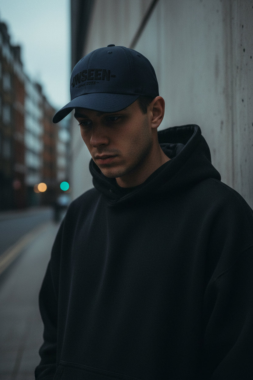 Dark navy Shadow Unseen Urban Structured Twill Cap with closed back, featuring a curved brim and front panel design.