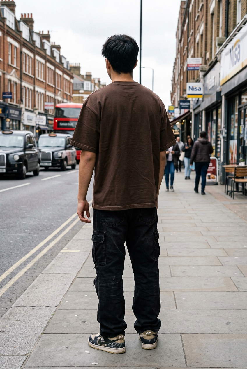 Craftklart heavyweight brown cotton t-shirt with a loose fit and dropped shoulders worn on a city street.