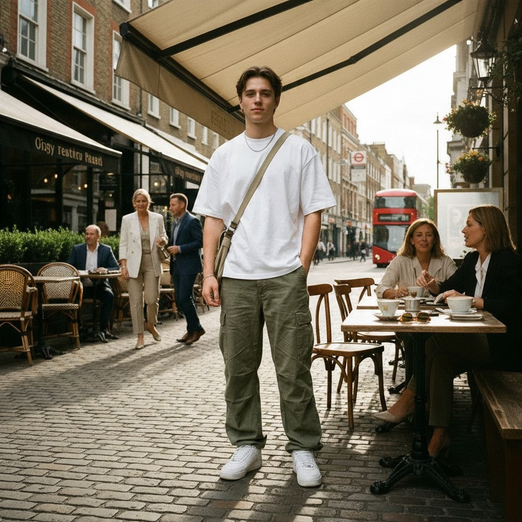 Man wearing a white Craftklart heavyweight cotton t-shirt with dropped shoulders and loose fit on a city street.