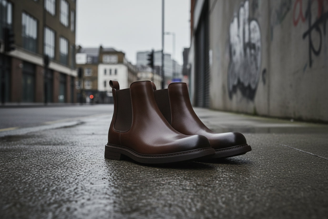 Men's brown genuine leather Chelsea boots by Craftklart, showcasing sleek ankle-high design and elastic side panels.