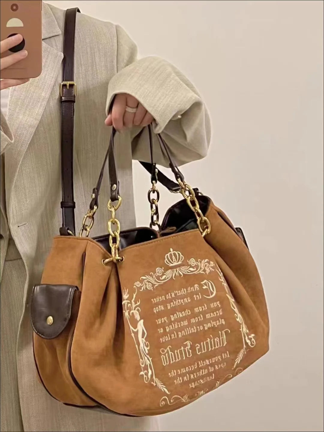Women's Y2K Vintage Letter Tote Bag – Harajuku Suede Crossbody Shoulder Bag | Minimalist Streetwear | Craftklart
