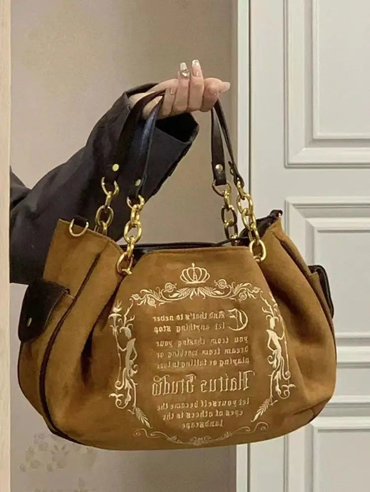 Women's Y2K Vintage Letter Tote Bag – Harajuku Suede Crossbody Shoulder Bag | Minimalist Streetwear | Craftklart