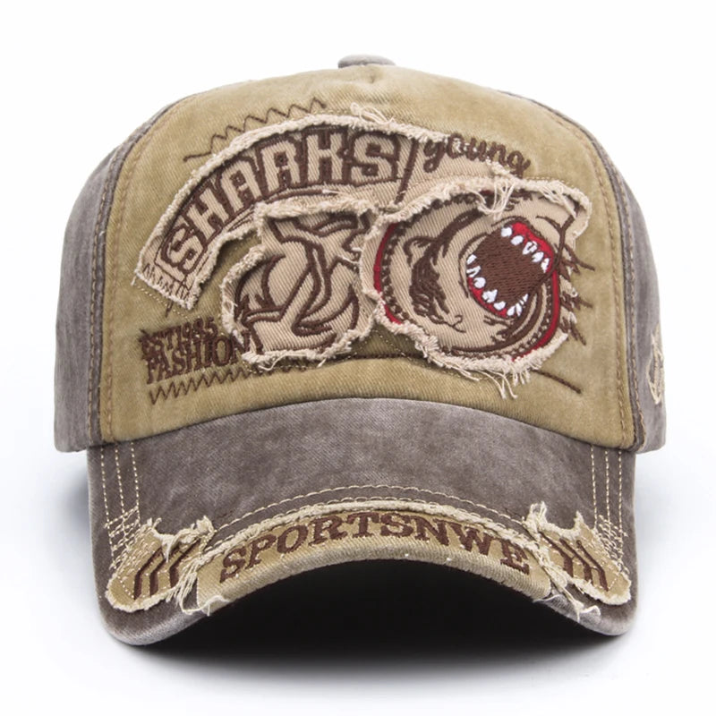 Men's cotton baseball cap with burgundy color and shark embroidery, adjustable strap, stylish casual headwear by Craftklart Dropship.