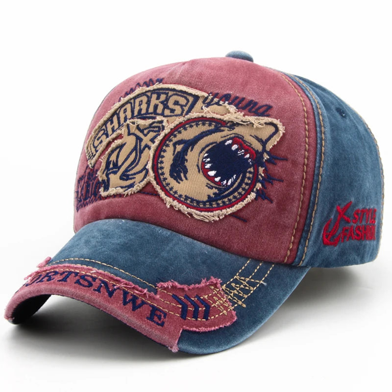 Men's burgundy cotton baseball cap with shark embroidery and adjustable strap, featuring a stylish fashion design.