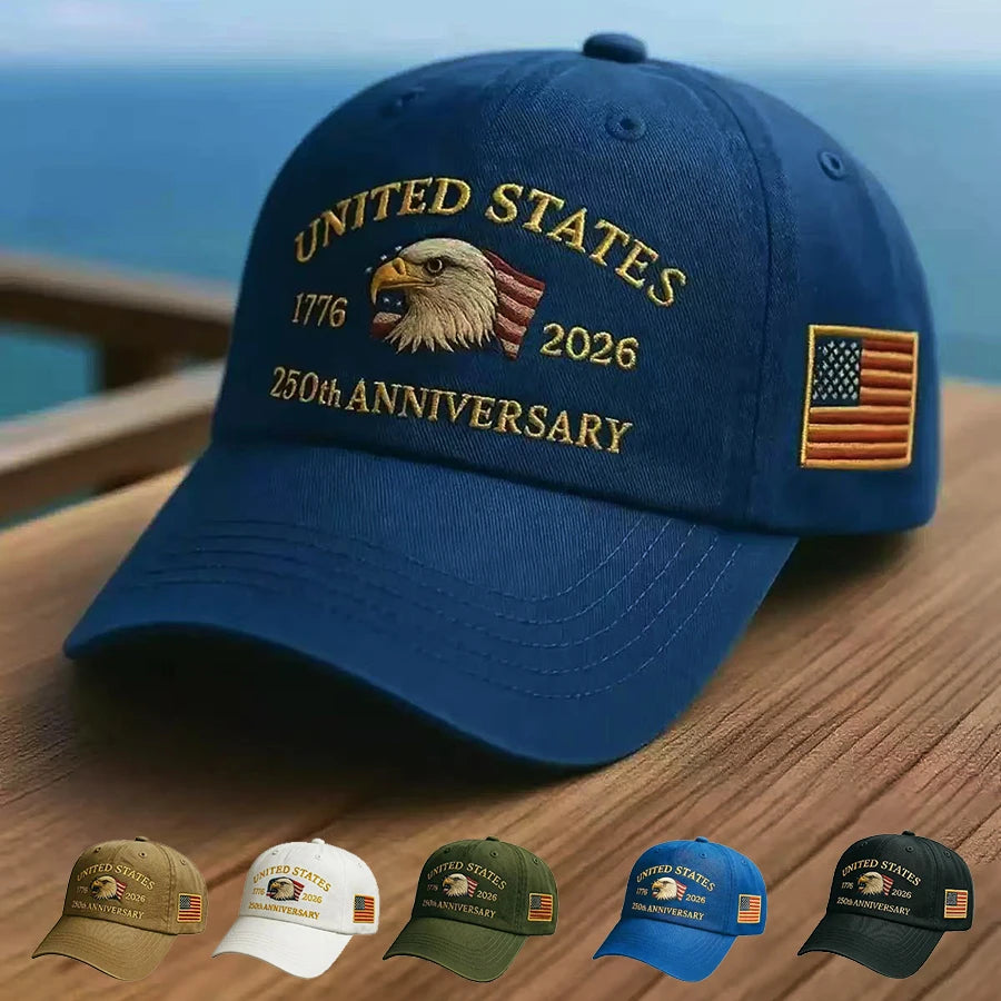 White Craftklart Dropship baseball cap with embroidered eagle design celebrating 250-year anniversary.