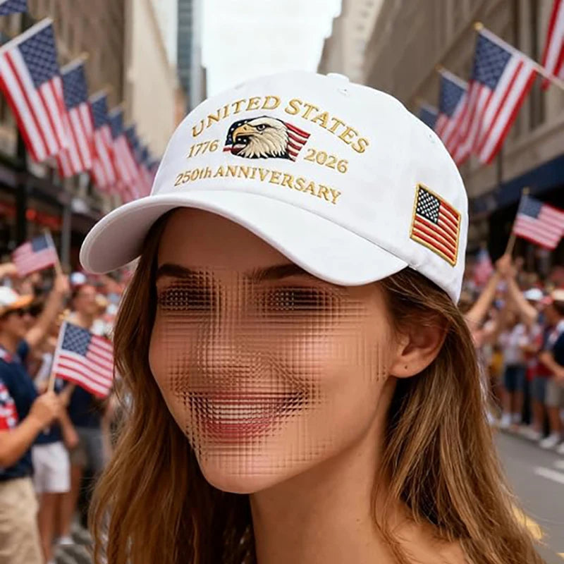 White baseball cap by Craftklart Dropship with eagle embroidery and 250-year anniversary design.