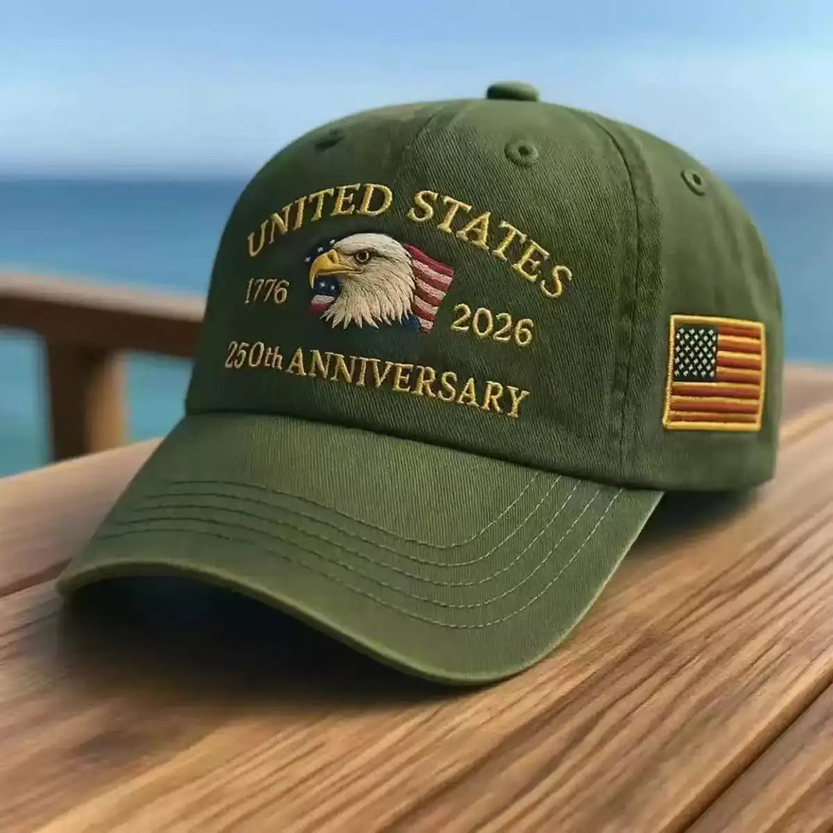 White baseball cap with embroidered eagle logo celebrating 250-year anniversary by Craftklart Dropship.