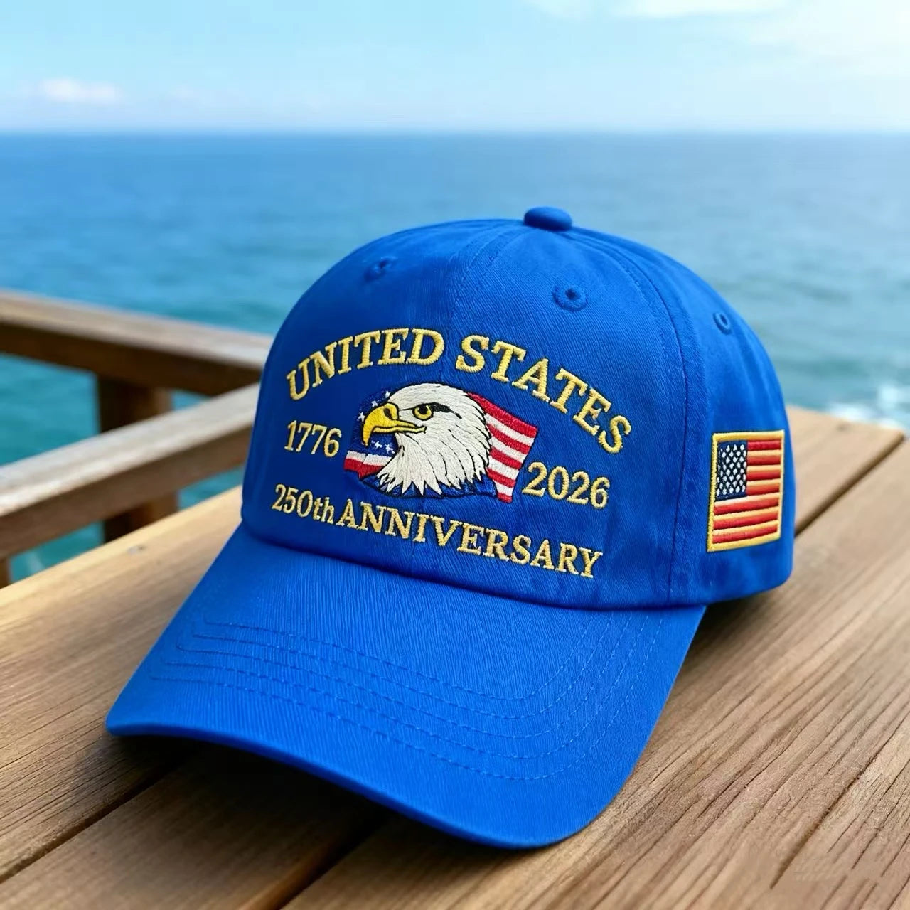 White Craftklart Dropship baseball cap with embroidered eagle design celebrating 250-year anniversary.