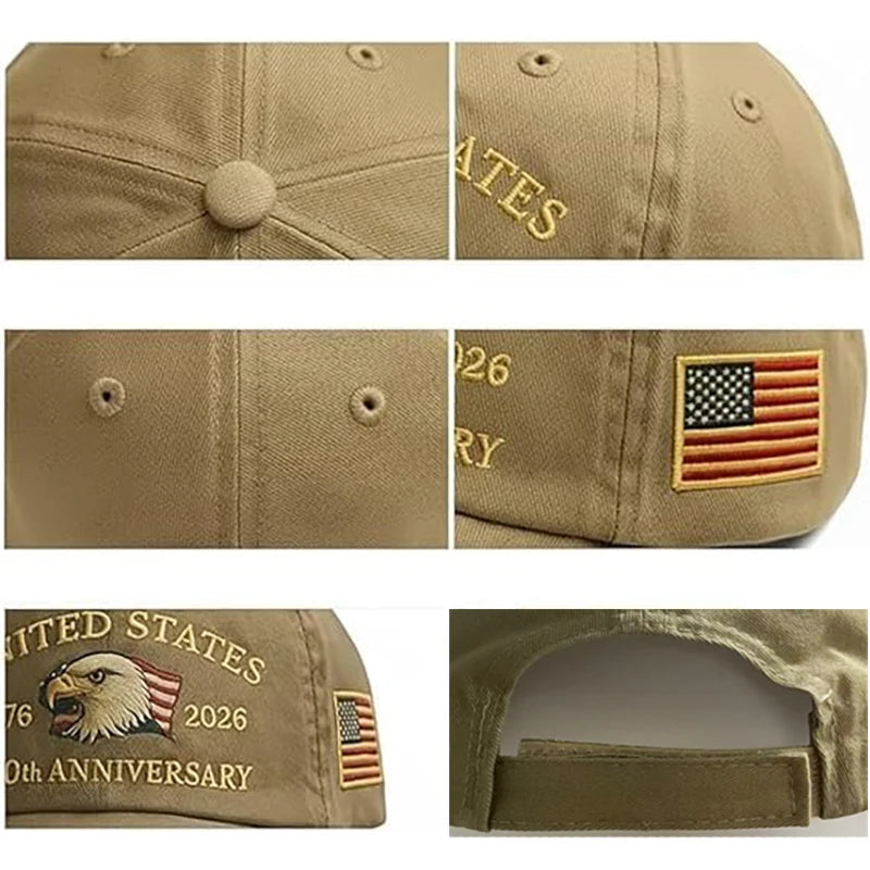 White baseball cap with embroidered eagle design celebrating 250 years, by Craftklart Dropship.
