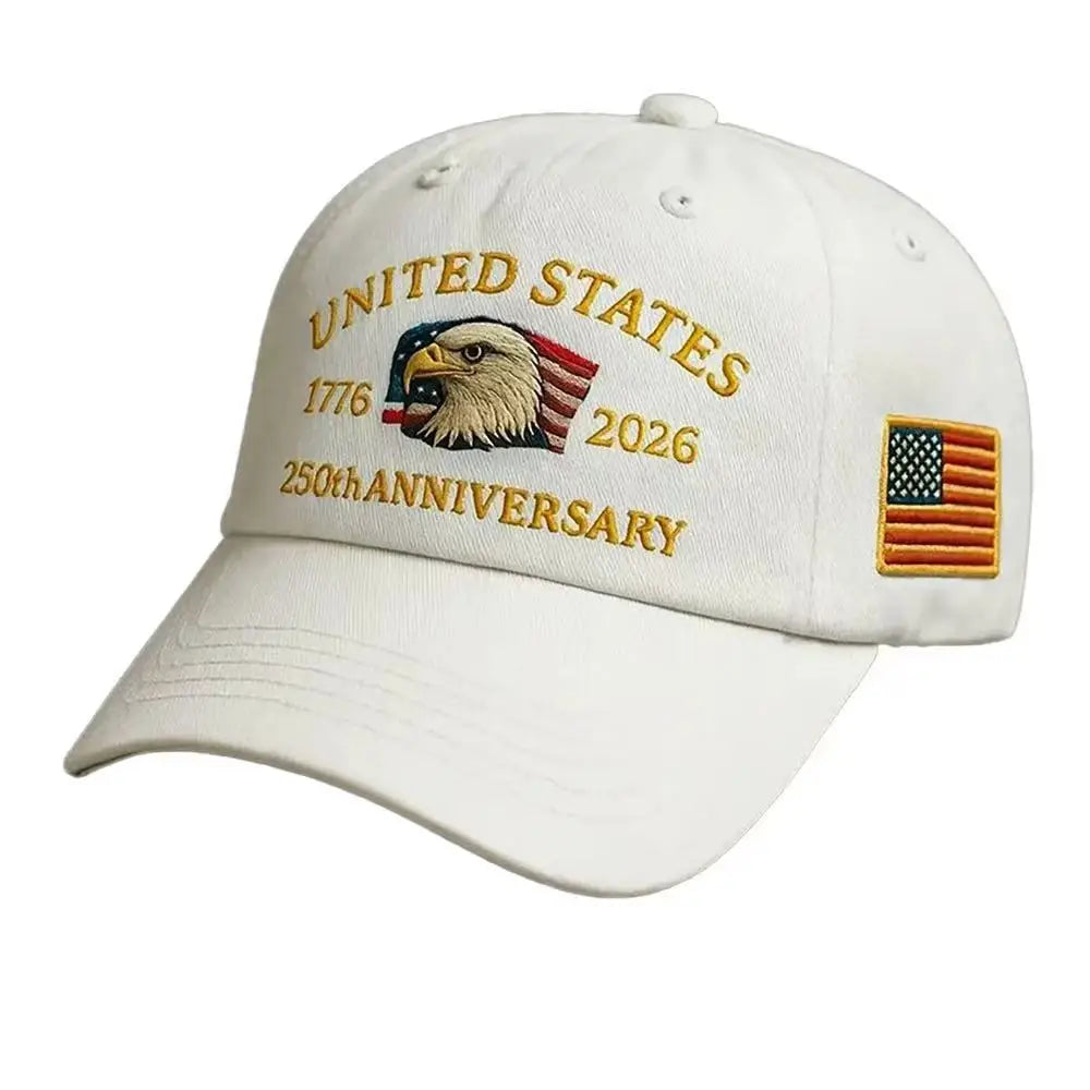 White baseball cap by Craftklart Dropship with detailed eagle embroidery celebrating 250-year anniversary.