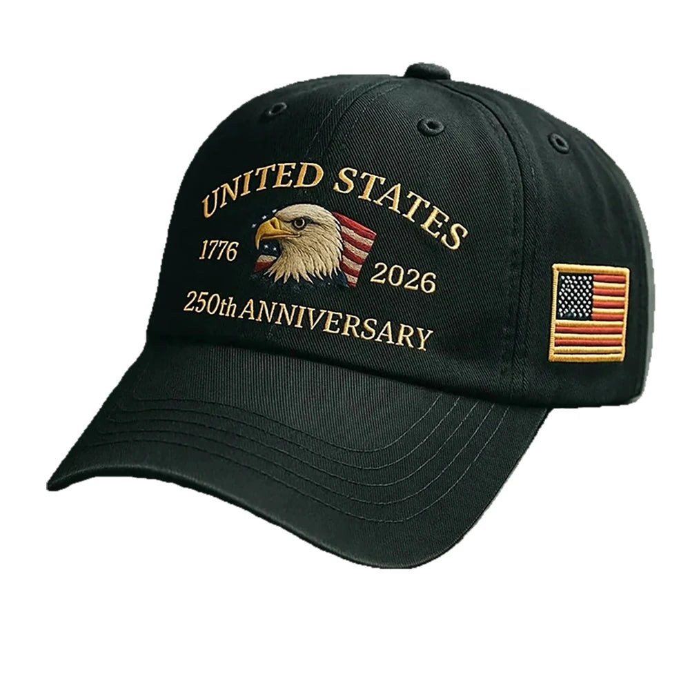 White baseball cap with embroidered eagle logo celebrating 250-year anniversary by Craftklart Dropship