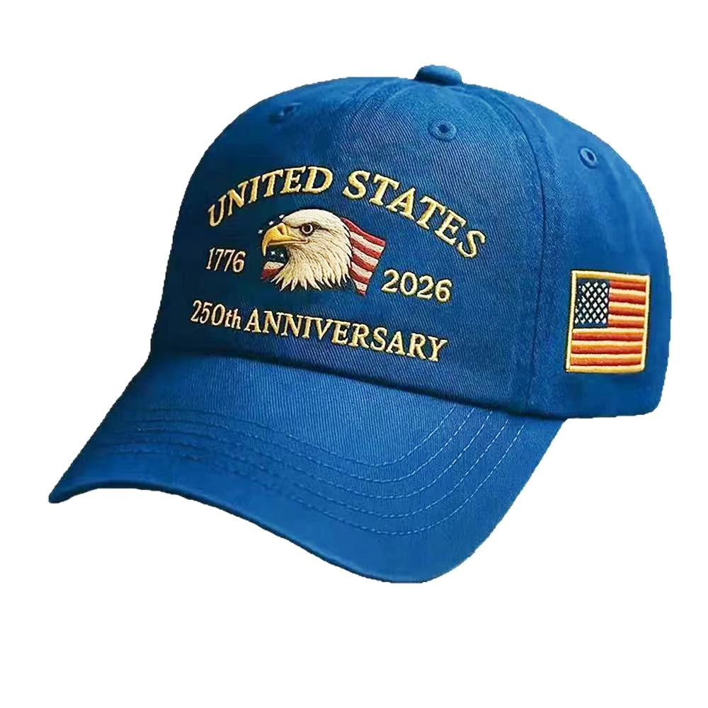 White baseball cap by Craftklart Dropship with embroidered eagle and 250-year anniversary logo, stylish and adjustable.