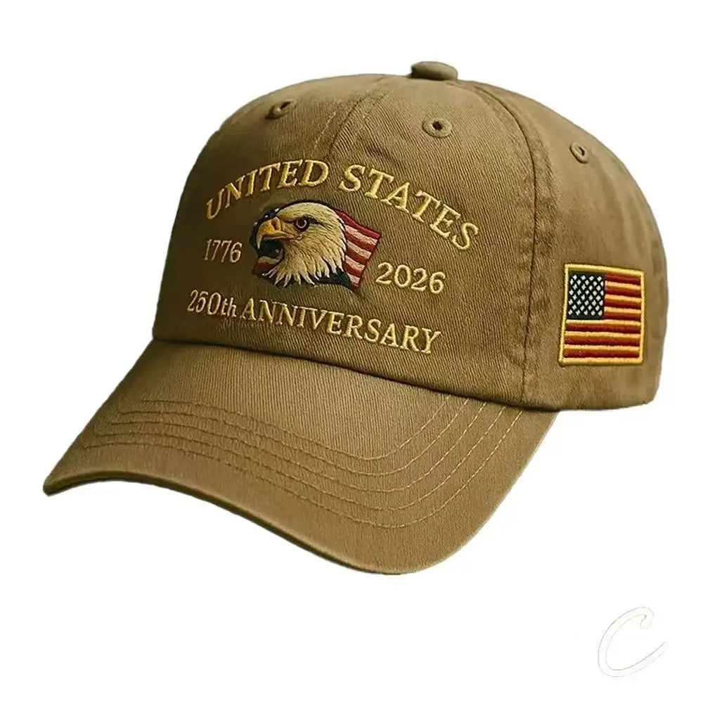 White baseball cap by Craftklart Dropship with embroidered eagle design celebrating 250-year anniversary.
