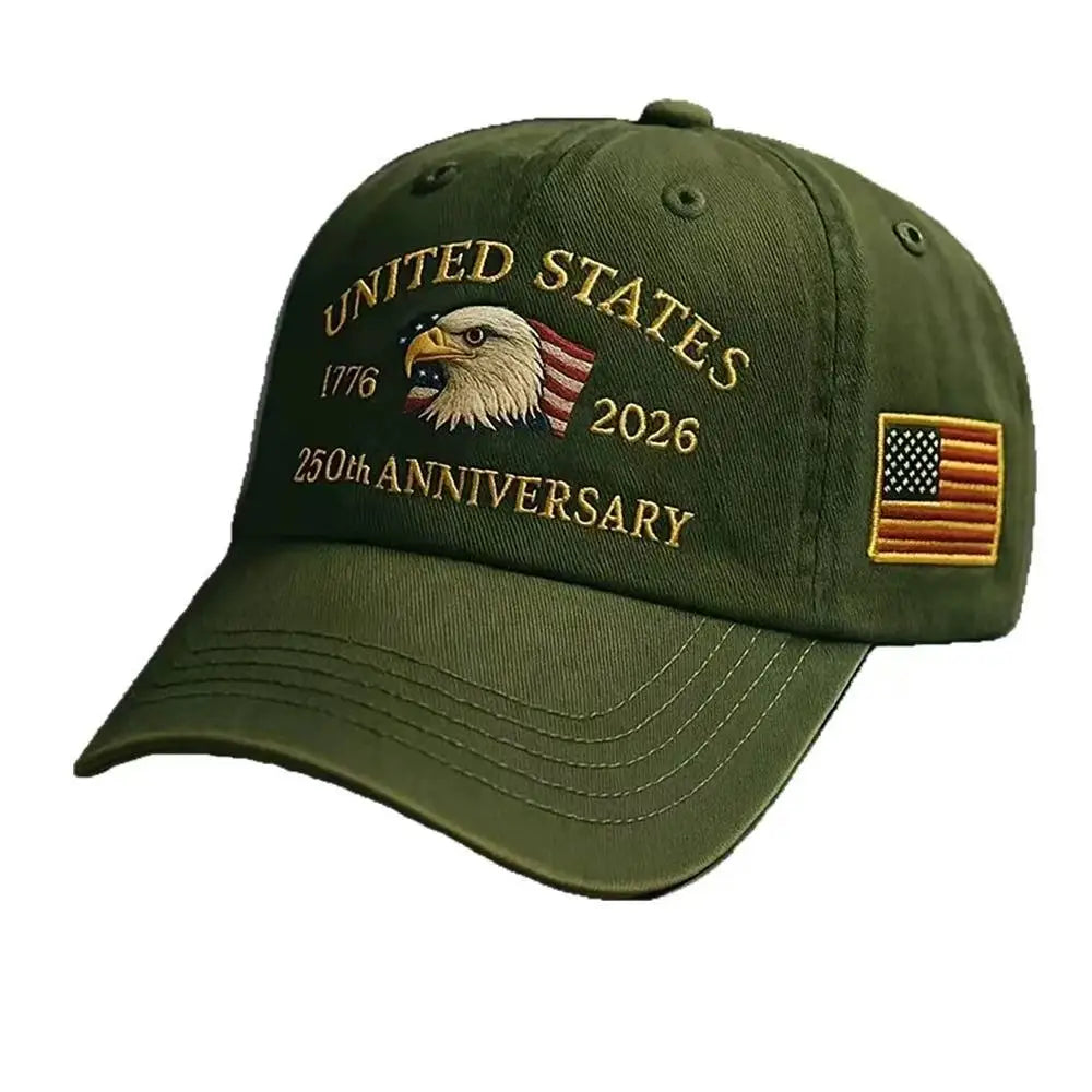 White baseball cap with embroidered eagle design celebrating 250-year anniversary, by Craftklart Dropship.