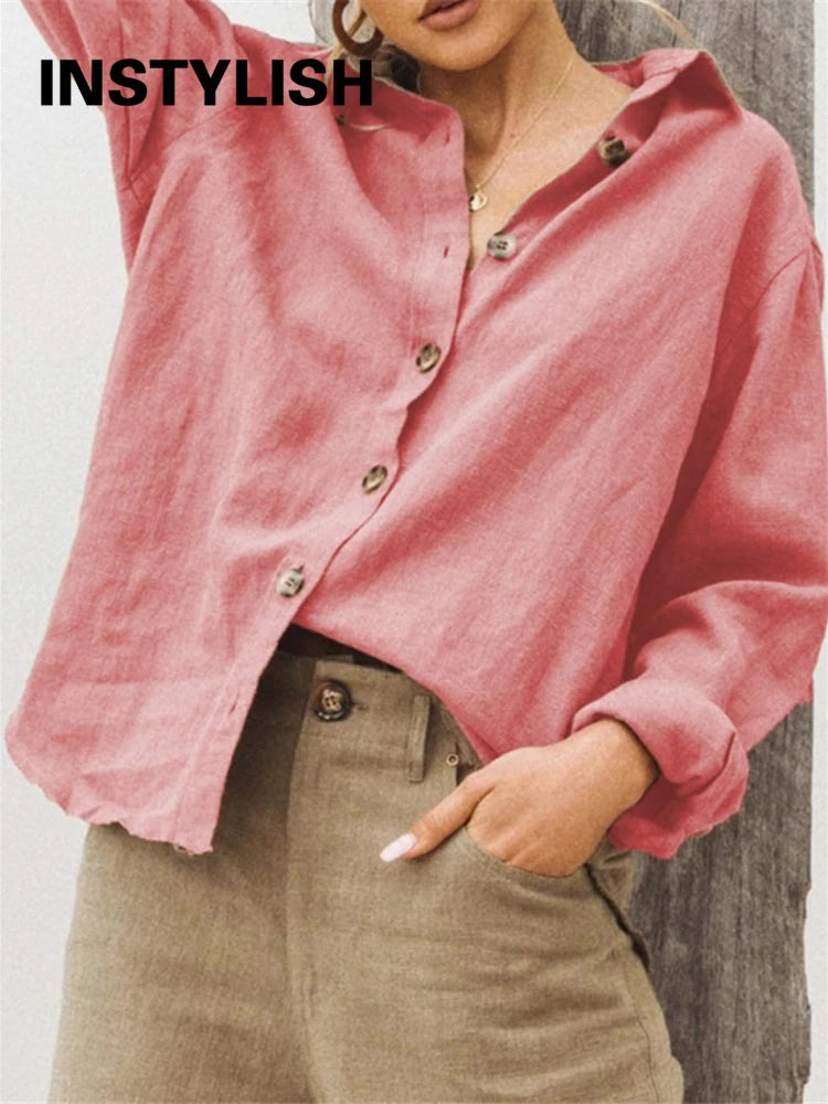 Women’s Cotton Linen Oversized Button-Up Blouse in watermelon red by Craftklart Dropship, featuring a relaxed fit and classic button details.