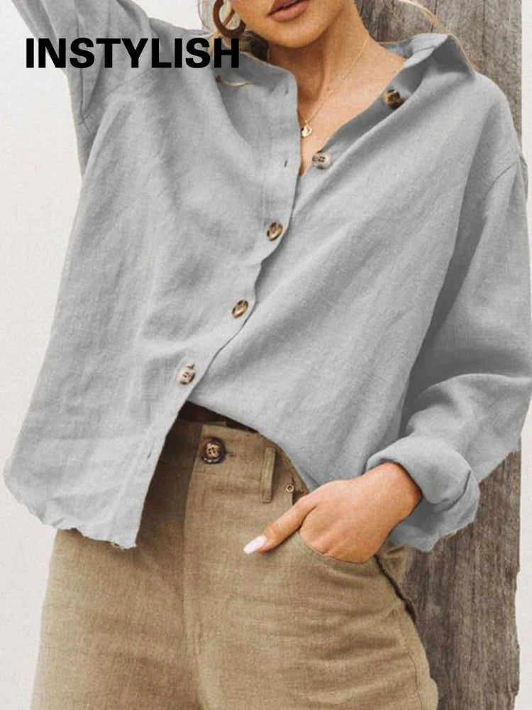 Women's oversized cotton linen button-up blouse in vibrant watermelon red, featuring a relaxed fit and classic collar.
