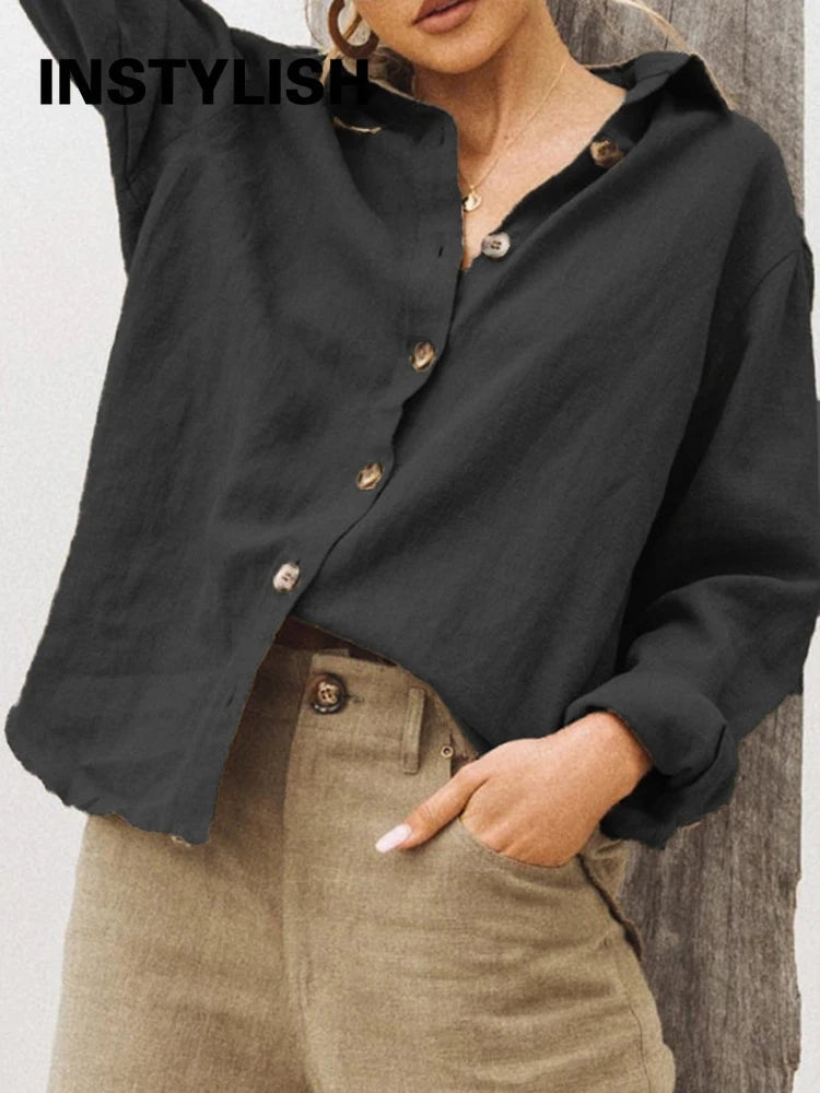 Women’s oversized cotton linen blouse in watermelon red with button-up front, casual and breathable, by Craftklart Dropship.